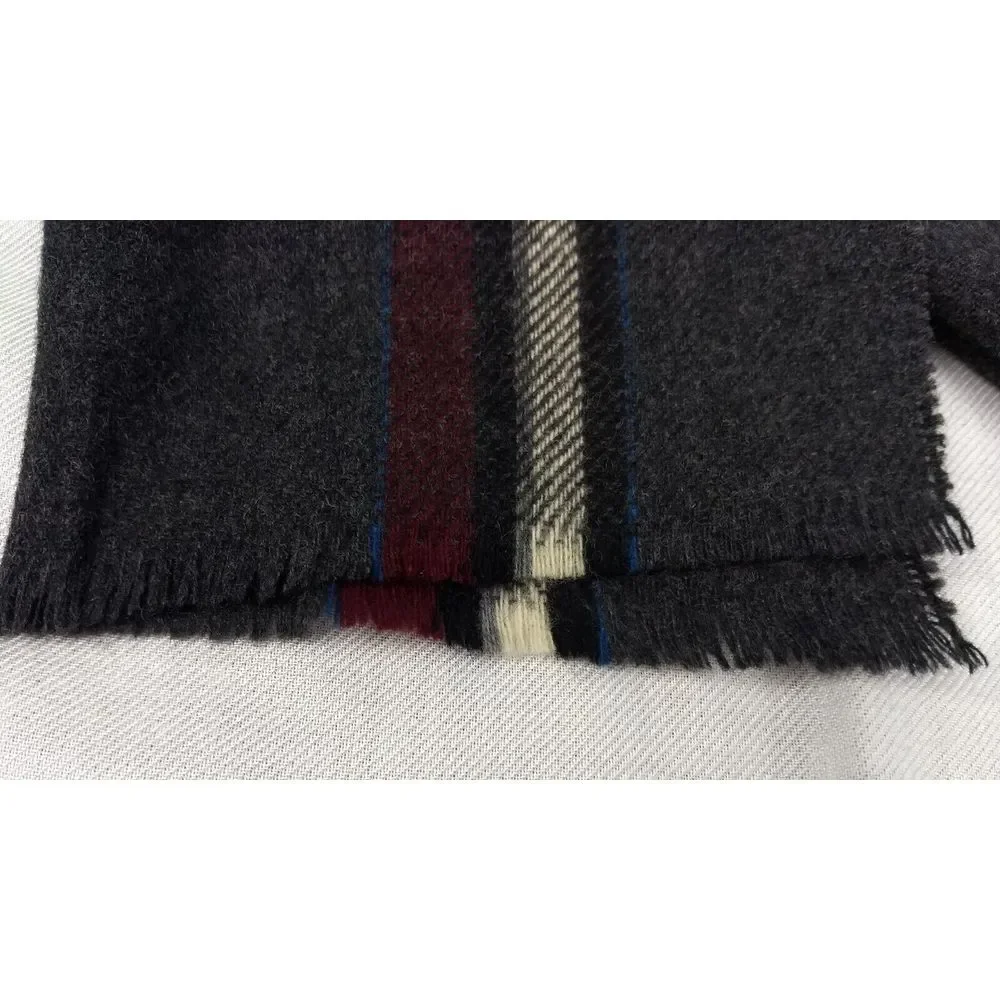 Briggs 100% Virgin Wool Scarf Mens Plaid Dark Grey Cranberry Mini Fringe England